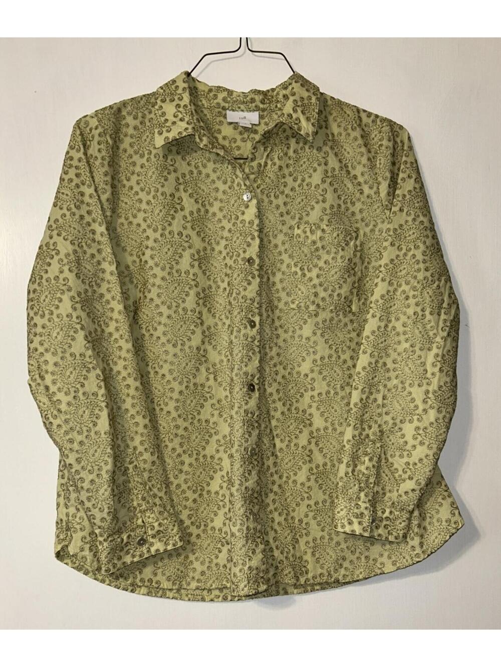 J. Jill Women Button Up Shirt M Light Green Paisley Embroidered Collared